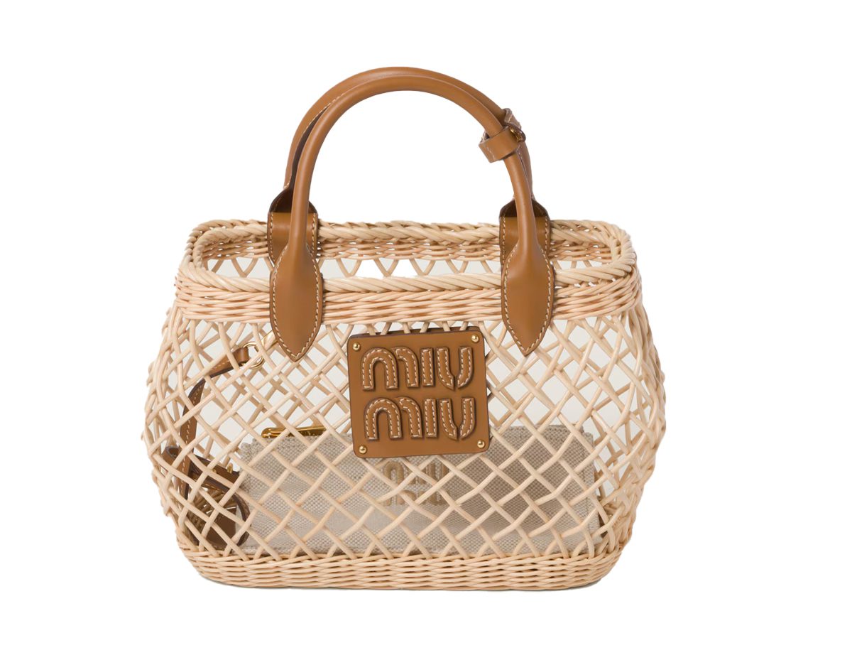 Сумка Miu Miu из тканого материала с кожаной отделкой, 2 200 долларов