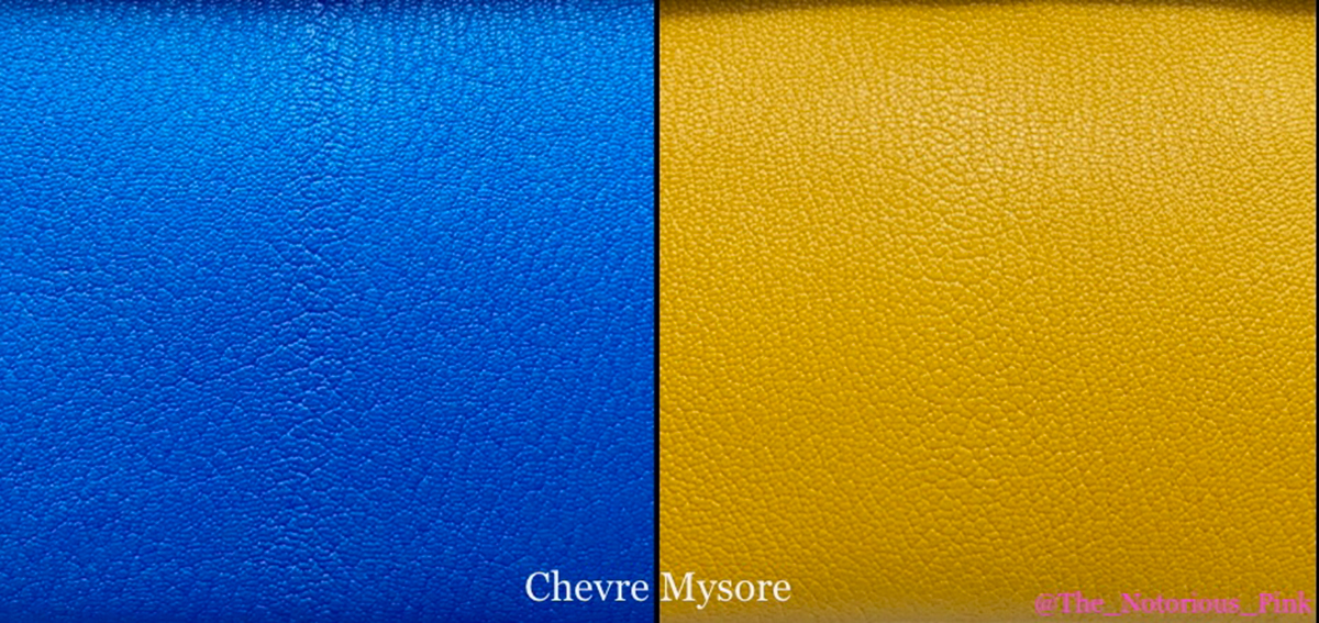 Chevre Mysore в цветах Bleu Hydra и Jaune Ambre, у каждой из которых хорошо виден корешок.